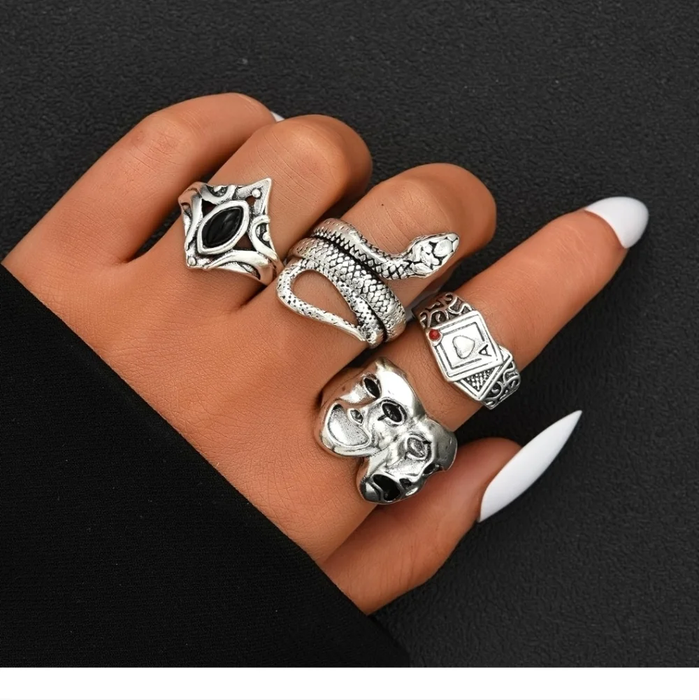 Silver Gothic Mixed Midi & Stackable Rings Set - Black Accents